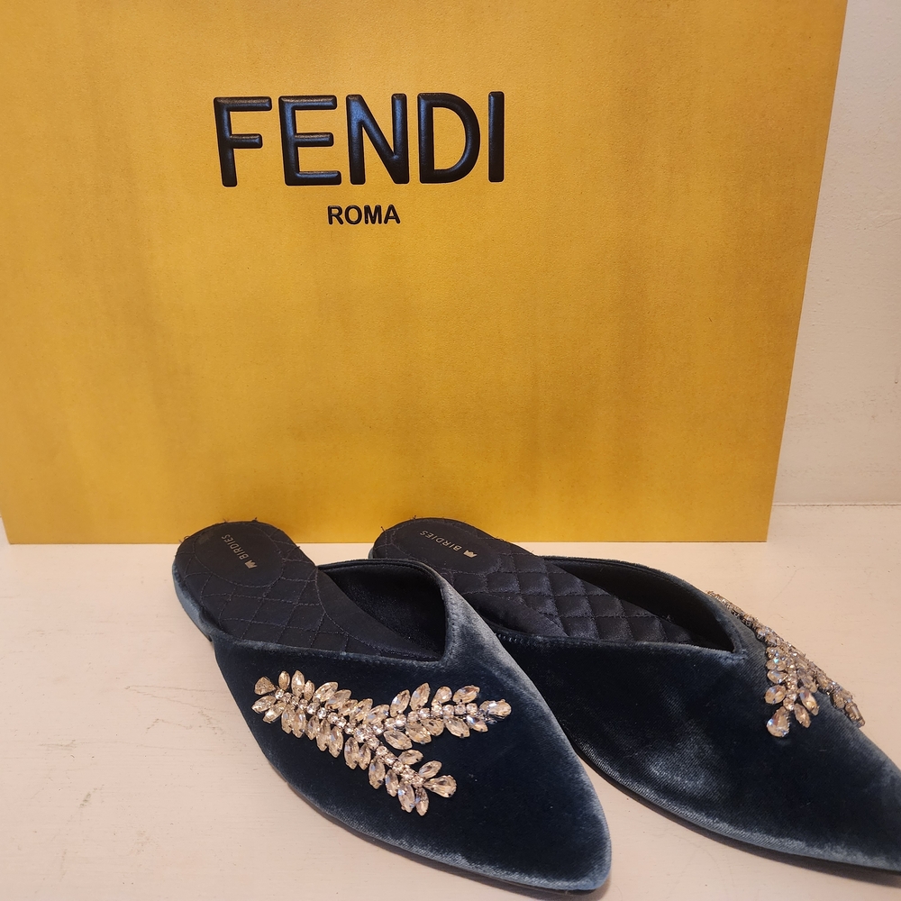 Blue Velvet Embellished Mules